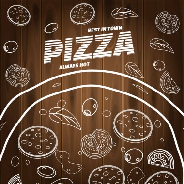 Restoran ve kafe için pizza yemek menüsü. Ahşap arka plan fast food malzemeler ve metin ile doodle lineart tarzı şablon el ilanı baner tasarım. Gıda menüsü veya sokak gıdası için vektör çizimi