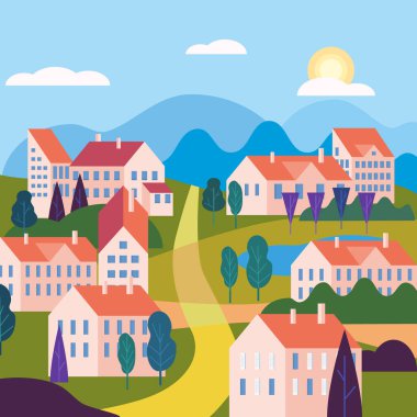 Binalar, dağlar tepeler ve ağaçlar ile Cityscape manzara. Trendy basit minimal geometrik düz tarzı vektör illüstrasyon, web siteleri, afiş, kapak posteri