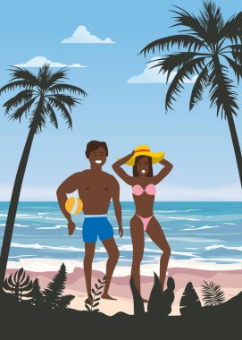 Yaz Tatili Plajı'ndaki Mutlu Çift. Kar ve Koca topu plaj tatil kum Sea Palm ve egzotik tropikal sahil çiçek yürüyüş zevk ile. Vektör İllüstrasyon poster baner izole