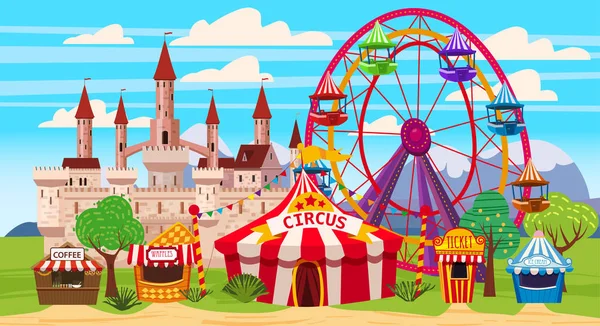 Zábavní park, krajina s cirkusem, kolotočem, karneval, atrakce a zábavou, hrad, zmrzlinový stánek, pití stan, vafle, pokladna. Vektorový ilustrace, izolovaný, kreslený styl — Stockový vektor