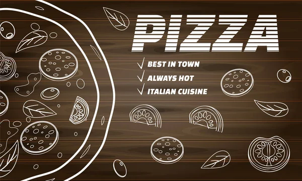 Pizza mat meny för restaurang och Café. Design i Doodle streckat stil mall Flyer baner med ingredienser och text på trä bakgrund snabbmat. Vektor illustration för mat meny eller gatumat — Stock vektor