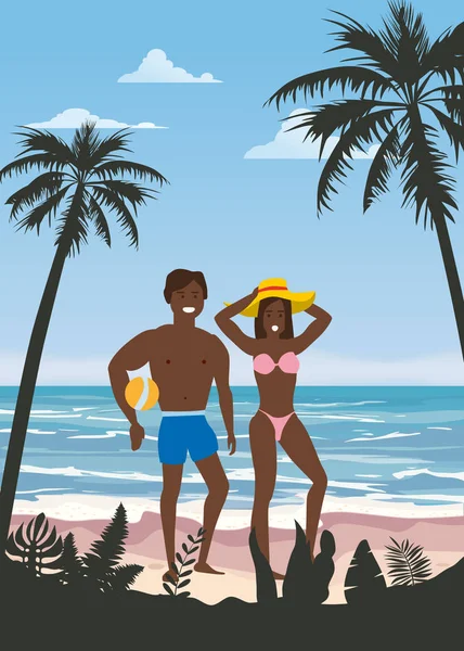Yaz Tatili Plajı'ndaki Mutlu Çift. Kar ve Koca topu plaj tatil kum Sea Palm ve egzotik tropikal sahil çiçek yürüyüş zevk ile. Vektör İllüstrasyon poster baner izole