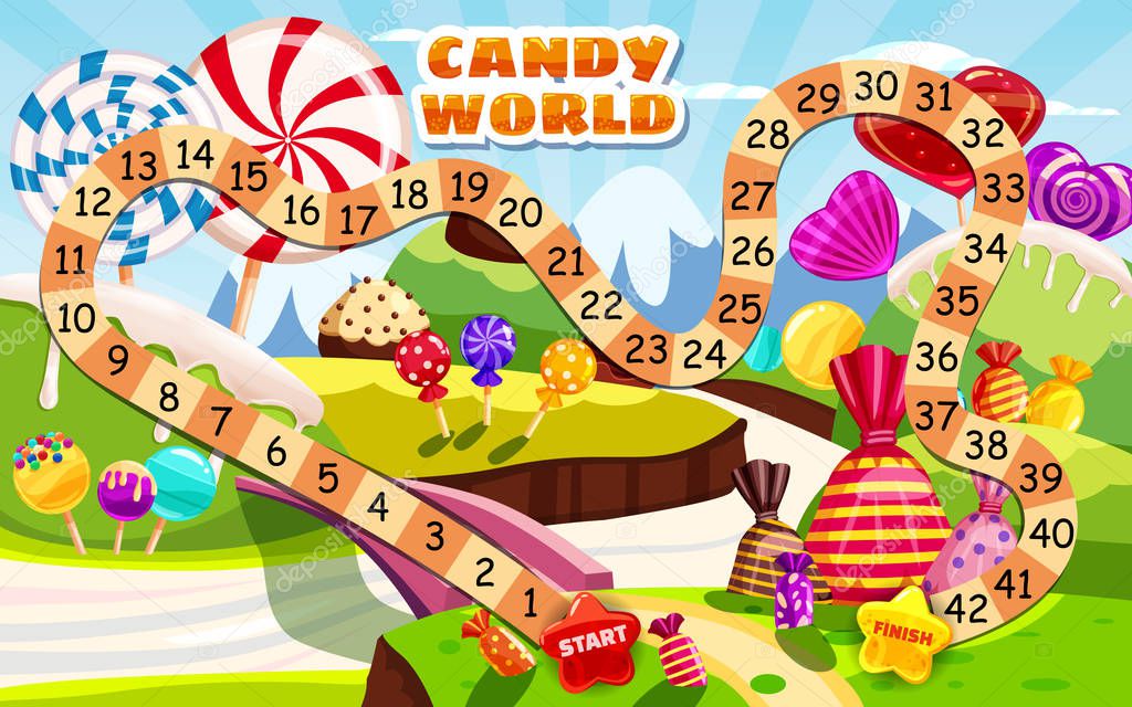 Candy Board Game for children and kids - journey through the sweet Candy World candy lollipops sweets. Vector illustration isolated cartoon style