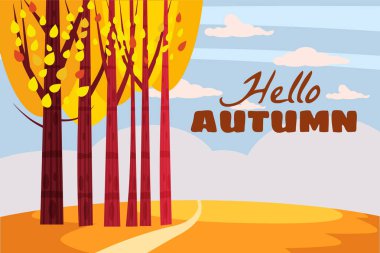 Sonbahar manzara, Merhaba sonbahar sonbahar ağaçları sarı yaprakları ile. Şablon poster, broşürler, posterler, kartpostal vektör, izole, karikatür tarzı