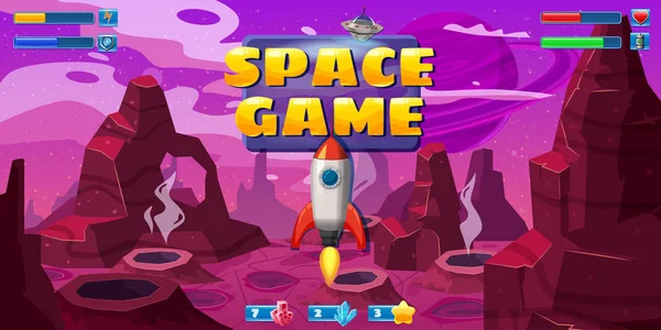 Fantasy Space Cartoon Game Konzept Hintergrund und ui grundlegende Schaltflächen und Symbole. lustige Science-Fiction-Alien-Planetenlandschaft für ein Space-Arcade-Spiel Level-Design. Vektor isoliert — Stockvektor