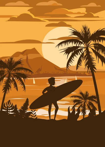 Happy Man with Surfboard on Summer Vacation Beach Enjoying Beach Vacation on Sand Sea Ocean. Palms and Mountains Seashore Floral. Vector Illustration vintage poster baner isolated
