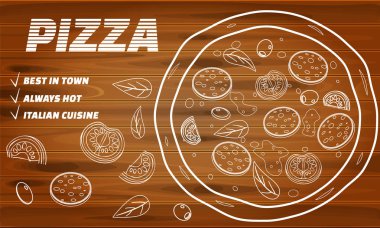 Restoran ve kafe için pizza yemek menüsü. Ahşap arka plan fast food malzemeler ve metin ile doodle lineart tarzı şablon el ilanı baner tasarım. Gıda menüsü veya sokak gıdası için vektör çizimi