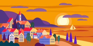 Binalar, dağlar tepeler ve ağaçlar gün batımı ile Cityscape deniz okyanus deniz kıyısı manzara. Trendy basit minimal geometrik düz tarzı vektör illüstrasyon, web siteleri, afiş, kapak posteri