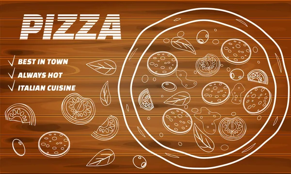 Pizza mat meny för restaurang och Café. Design i Doodle streckat stil mall Flyer baner med ingredienser och text på trä bakgrund snabbmat. Vektor illustration för mat meny eller gatumat — Stock vektor