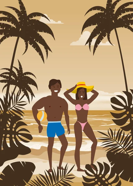 Happy par på Summer Vacation Beach. Hustru och make med bollen njuter strand semester gå på sand havet Palm och exotiska tropiska havsstranden blommig. Vektor illustration affisch baner isolerad — Stock vektor