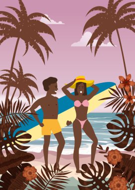 Yaz Tatili Plajı'ndaki Mutlu Çift. Karısı ve Kocası Surfboard kum tatil kum Sea Palm ve egzotik tropikal sahil çiçek yürüyüş zevk ile. Vektör İllüstrasyon poster baner izole