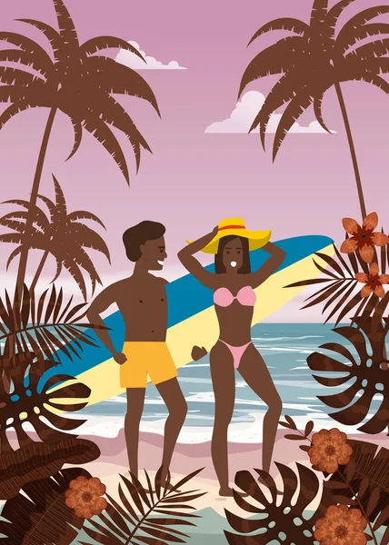 Pareja feliz en verano playa de vacaciones. Esposa y esposo con tabla de surf disfrutando de vacaciones en la playa caminando en la arena de la palma del mar y exótica costa tropical floral. Vector Ilustración cartel baner aislado — Vector de stock