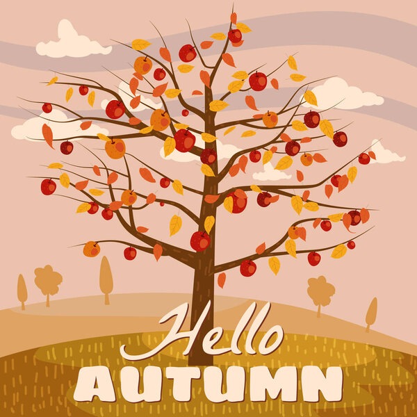Hello Autumn apple tree landscape fruit harvest season in trend style flat cartoon panorama horizon. Illustration vector isolated banner postcard poster