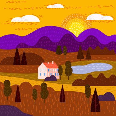 Bina ile Peyzaj kırsal ülke, ev dağlar tepeler ve ağaçlar. Trendy basit minimal geometrik düz tarzı vektör illüstrasyon, web siteleri, afiş, kapak posteri