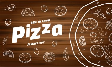Restoran ve kafe için pizza yemek menüsü. Ahşap arka plan fast food malzemeler ve metin ile doodle lineart tarzı şablon el ilanı baner tasarım. Gıda menüsü veya sokak gıdası için vektör çizimi