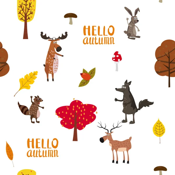 Bosque de otoño animales lindos patrón sin costuras con Hello árboles de letras de otoño hojas de estilo de dibujos animados planos de moda — Vector de stock