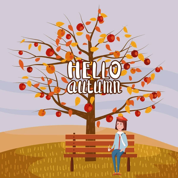 Olá Outono paisagem macieira árvore e menina beber café na tendência plana desenho animado estilo banco panorama horizonte. Ilustração vector isolado cartaz do cartão postal da bandeira —  Vetores de Stock
