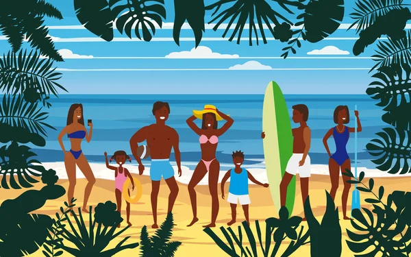Šťastná rodina a přátelé na letní dovolené. Otec matka a dcera si užívají plážové prázdniny a chodí po písečném moři. Palmové a exotické tropické mořské květinové květiny. Vektorový plakát s obrázkem — Stockový vektor