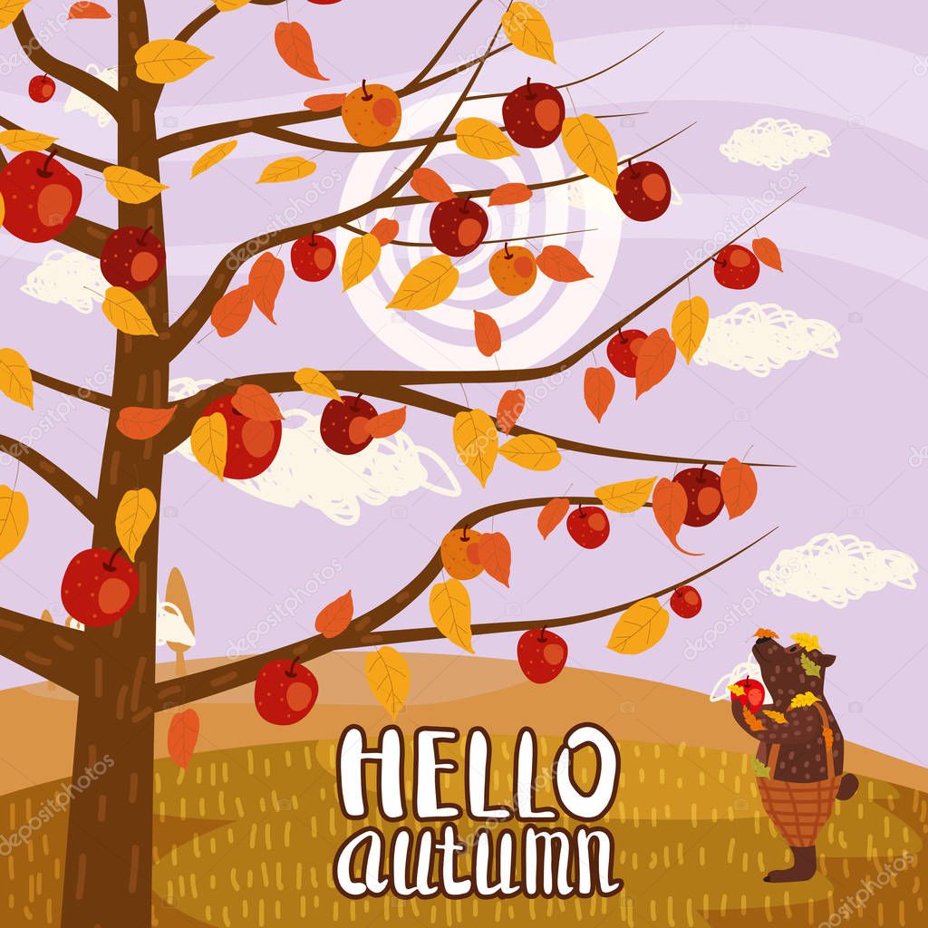 Hello Autumn apple tree Cute bear in pants with apple landscape fruit harvest season lettering in trend style flat cartoon panorama horizon. Illustration vector isolated banner postcard poster