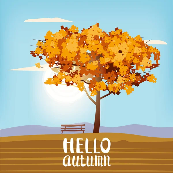 Ландшафтное дерево Hello Autumn, выходящее на сельскую местность, желто-коричневые листья листьев осеннего заката, панорамная скамейка речного озера. Векторный изолированный плакат — стоковый вектор