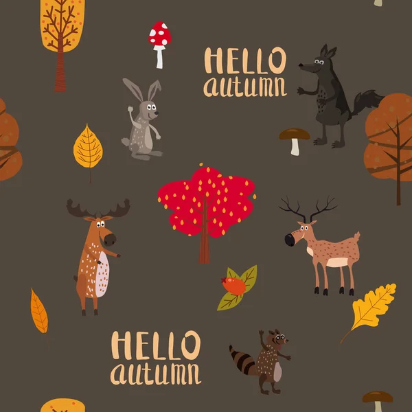 Foresta autunnale simpatici animali modello senza soluzione di continuità con Hello Autunno lettering alberi foglie alla moda piatto stile cartone animato — Vettoriale Stock