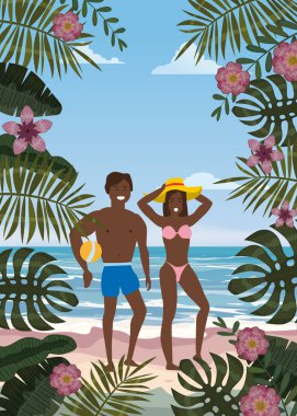 Yaz Tatili Plajı'ndaki Mutlu Çift. Kar ve Koca topu plaj tatil kum Sea Palm ve egzotik tropikal sahil çiçek yürüyüş zevk ile. Vektör İllüstrasyon poster baner izole