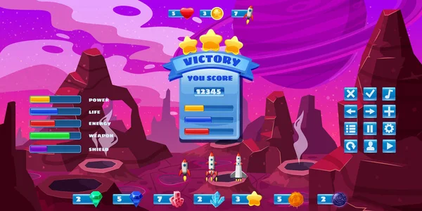 Fantasy Space Cartoon spel koncept bakgrund och UI grundläggande knappar och ikoner. Funny Sci-Fi Alien planet landskap för ett utrymme arkad spel nivå design. Isolerad vektor — Stock vektor