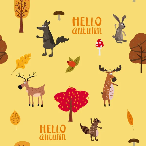 Bosque de otoño animales lindos patrón sin costuras con Hello árboles de letras de otoño hojas de estilo de dibujos animados planos de moda — Vector de stock