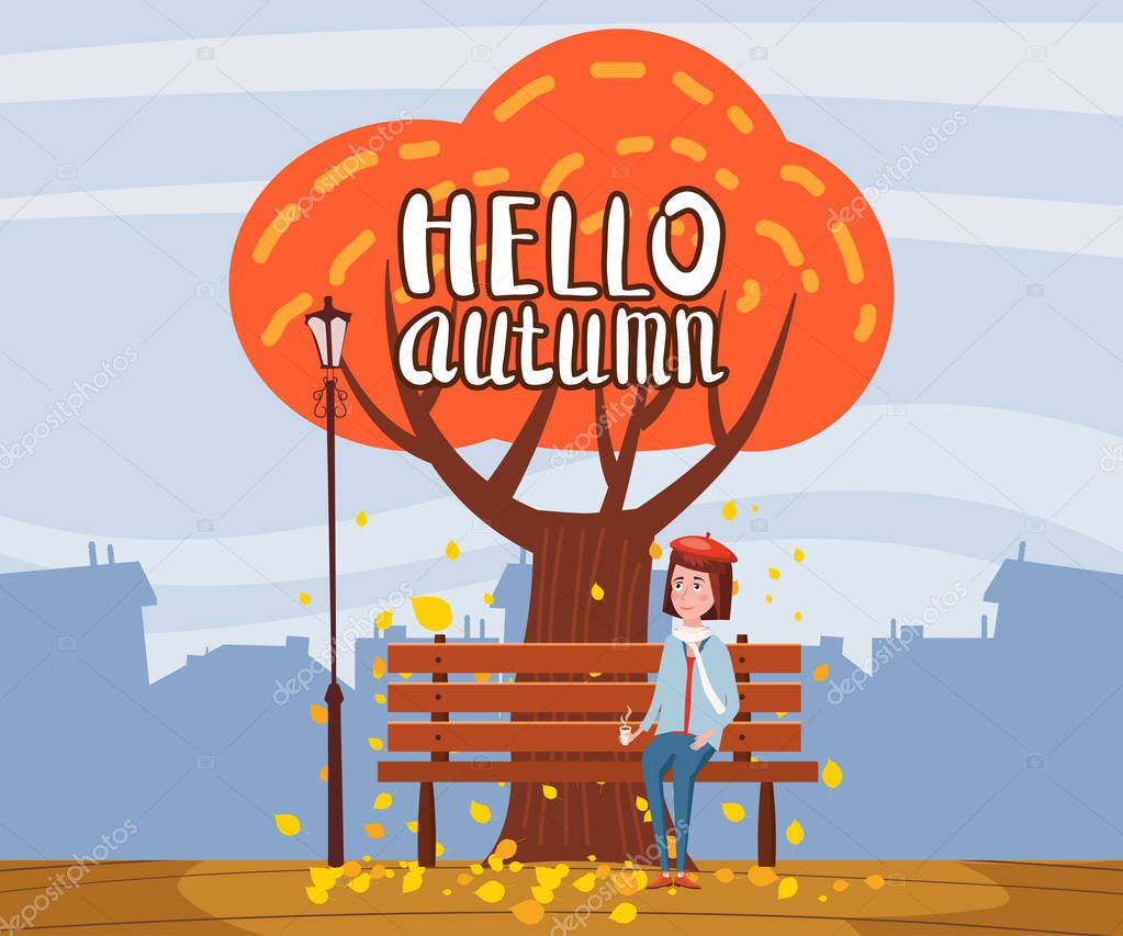 Hello Autumn landscape lonely tree and girl drinking coffee in trend flat cartoon style bench panorama city horizon. Illustration vector isolated banner postcard poster