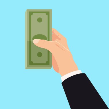 İşadamı nın elindeki para, banknot, banknot. İşadamı önbellek veriyor. Karton stilinde vektör çizimi yalıtılmış