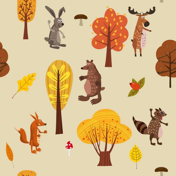 Bosque de otoño animales lindos patrón sin costuras con árboles hojas de moda estilo de dibujos animados planos — Vector de stock