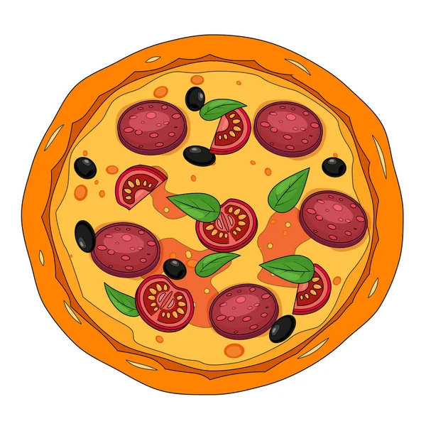 Pizza segar dengan bahan yang berbeda tomat, keju, zaitun, sosis, kemangi. Makanan cepat saji tradisional Italia. Top tampilan makan. Makanan ringan tradisional Eropa. Ilustrasi vektor latar belakang putih terisolasi . - Stok Vektor