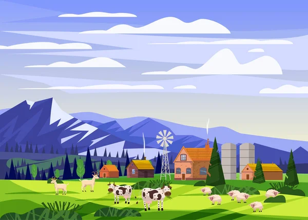 Granja rural paisaje con campos verdes colinas y granjas pueblo edificios animales vacas ovejas. Ilustración vectorial cartel baner aislado — Vector de stock