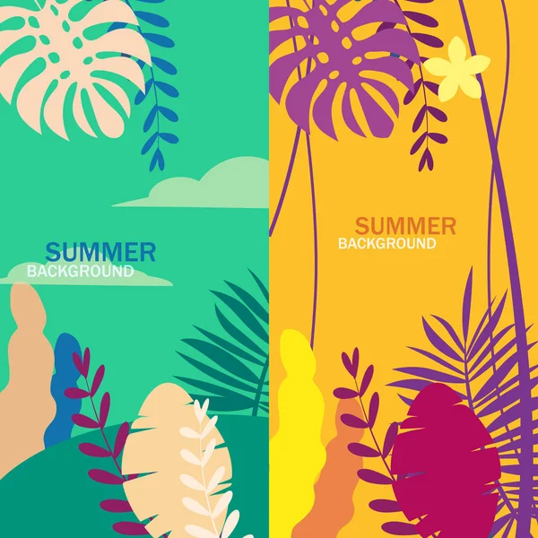Set of summer backgrounds floral exotic plants leaves, banners, posters, cover design templates, social media stories wallpapers, vector isolated trendy flat cartoon style — Free Stock Photo