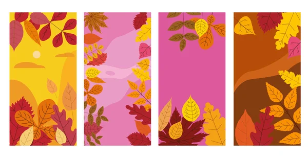 Establezca coloridas plantillas de otoño de hojas caídas de follaje amarillo anaranjado. Fondos historias de redes sociales banners. Plantilla para invitación a eventos, catálogo de productos, publicidad. Vector isoaltado — Vector de stock