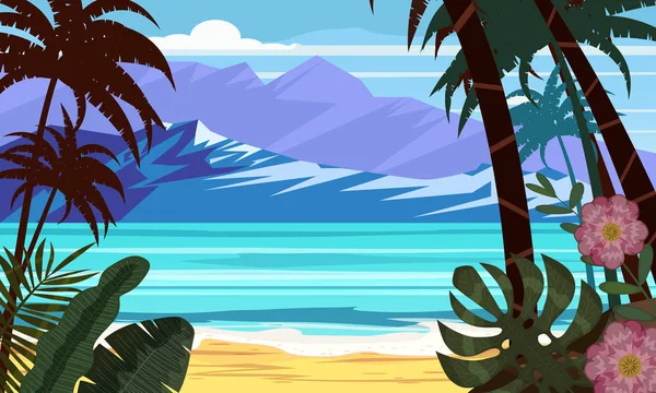 Meer Strand Landschaft Meer - exotische Pflanzen Blätter und Palmen. Sonne und Wolken. trendiges Design Vektor Illustration Banner, Grußkarte, Plakat und Werbung - Sommerferienkonzept — Stockvektor