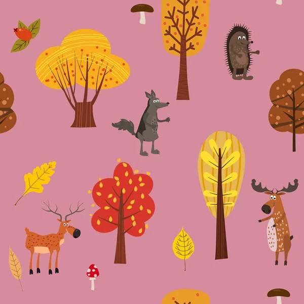 Bosque de otoño animales lindos patrón sin costuras con árboles hojas de moda estilo de dibujos animados planos — Vector de stock