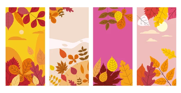 Establezca coloridas plantillas de otoño de hojas caídas de follaje amarillo anaranjado. Fondos historias de redes sociales banners. Plantilla para invitación a eventos, catálogo de productos, publicidad. Vector isoaltado — Vector de stock