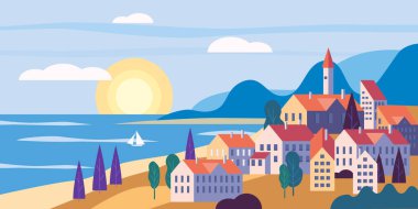 Binalar, dağlar tepeler ve ağaçlar gün batımı ile Cityscape deniz okyanus deniz kıyısı manzara. Trendy basit minimal geometrik düz tarzı vektör illüstrasyon, web siteleri, afiş, kapak posteri