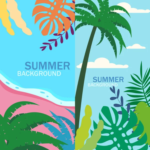 Set of summer backgrounds floral exotic plants leaves, banners, posters, cover design templates, social media stories wallpapers, vector isolated trendy flat cartoon style — Stock Vector