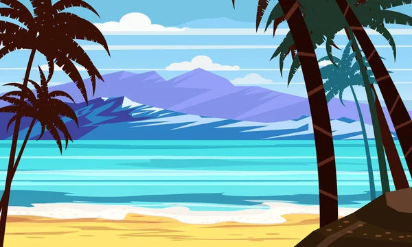Морской пейзаж океана - экзотические листья растений и пальмы. Солнце и облака. Векторный баннер с модным дизайном, поздравительная открытка, плакат и реклама - концепция летних каникул — стоковый вектор