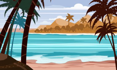 Seascape plaj manzara okyanus - Egzotik bitkiler yaprakları ve palmiye. Güneş ve bulutlar. Trendy tasarım vektör illüstrasyon afiş, tebrik kartı, poster ve reklam - yaz tatili kavramı