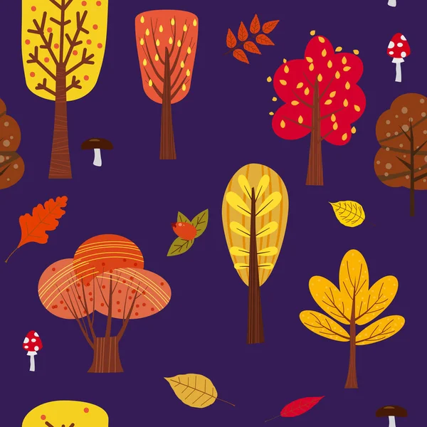 Seamless tree pattern forest woodland with leaves and mushrooms illustration in trendy cartoon flat style — Stock Vector