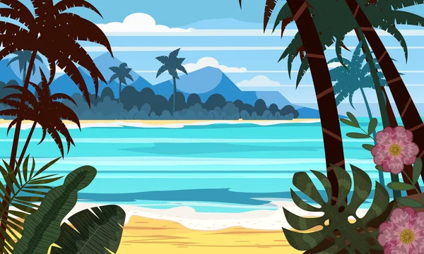 Seascape strand táj óceán-egzotikus növények levelek és pálmák. A nap és a felhők. Divatos design vektoros illusztráció banner, üdvözlőlap, poszter és reklám-nyári vakáció koncepció — Stock Vector