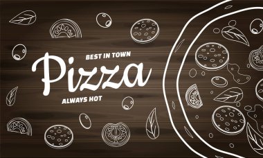 Restoran ve kafe için pizza yemek menüsü. Ahşap arka plan fast food malzemeler ve metin ile doodle lineart tarzı şablon el ilanı baner tasarım. Gıda menüsü veya sokak gıdası için vektör çizimi