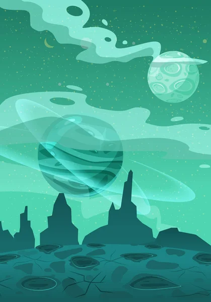 Fantasy-Konzept Raum Cartoon-Spiel Hintergrund. fantastische Science-Fiction-Alien-Planetenlandschaft für ein Space-Arcade-Level-Design. Vektor isoliert — Stockvektor