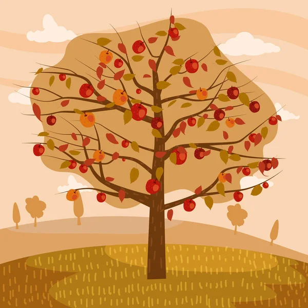 Autumn apple tree landscape fruit harvest season in trend style flat cartoon panorama horizon. Illustration vector isolated banner postcard poster
