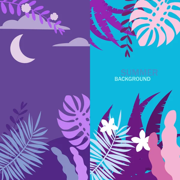 Conjunto de fundos de verão plantas exóticas florais folhas, banners, cartazes, modelos de design de capa, histórias de mídia social wallpapers, vetor isolado estilo cartoon plana na moda — Vetor de Stock