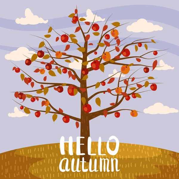 Olá Outono macieira paisagem fruta colheita estação lettering em estilo tendência plana cartoon panorama horizonte. Ilustração vector isolado cartaz do cartão postal da bandeira — Vetor de Stock