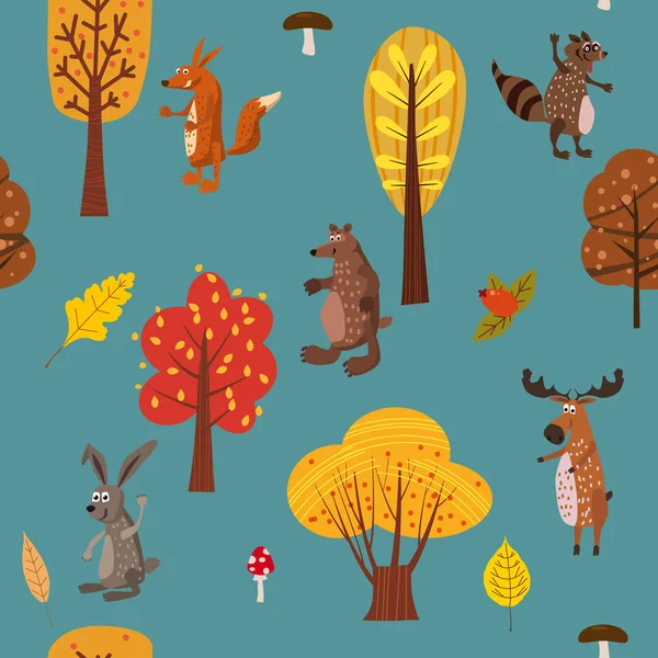Podzimní les roztomilá zvířata bezproblémový model se stromy zanechává módní a kreslený styl — Stockový vektor